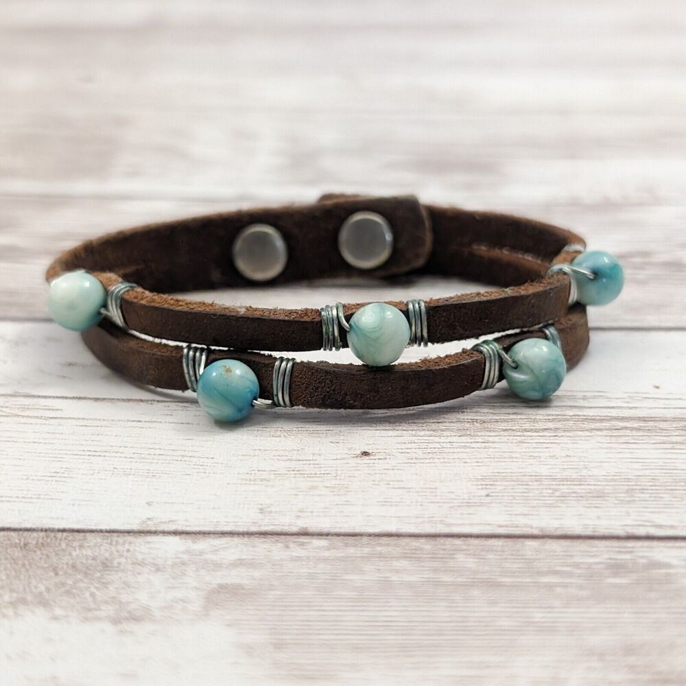 Brown Bracelet with Turquoise Tone Beads (Fair Condition)